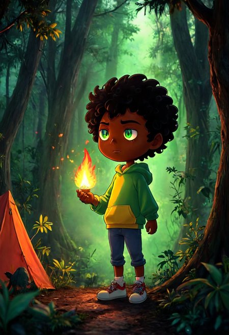 max (camp camp), dark fantasy theme, rainbow colored silhouette outline against a dark background,max (camp camp), 1boy, solo, human, male focus, curly black hair, curly tousled black hair, afro, dark skin, dark-skinned male,  large eyes, round eyes, green eyes,small nose, triangular nose, pointed nose, beautiful forest horror, anime, magical fantasy, plasma pattern, dark lights
,epic, cinematic colors, masterpiece, detailmaximizer, midjourneyv6.1
