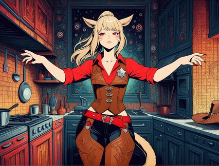 high quality, best quality, masterpiece, highres, very aesthetic, absurdres, <lora:NSFWFilter_illusXL_Incrs_v1:-.5>, solo focus, dynamic pose, cowboy shot, 
Miqo'te \(Final Fantasy XIV\), cat ears, long hair, blonde hair, high ponytail, red eyes, slit pupils, half-closed eyes, whisker markings, sharp nails, cat tail, wide hips, small breasts, sheriff, cowboy hat, red shirt, collared shirt, collarbone, rolled up sleeves, brown vest, sheriff badge, red belt, brown chaps, cowboy boots
, indoors, at a kitchen, from behind, kitchen apron, <lora:Trippy_Reality_Illustrious:1>, trippy artwork, illustration, abstract, fine line art, flat colors