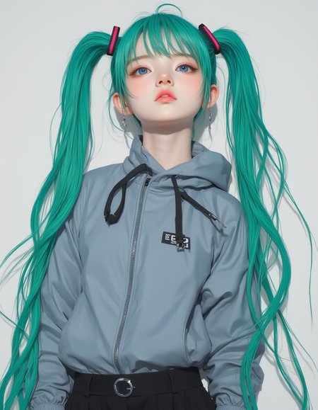 Semi-Realistic

Editorial fashion photo full body Hatsune Miku wearing elemental school uniform