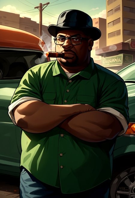 score_9, score_8_up, source_anime, 1boy, solo, male focus, BigSmoke, black eyes, dark-skinned male, facial hair, glasses, black headwear, green shirt, pants, <lora:BigSmoke_XLPD:1>, cigar, car, smoking, steam, smoke, outdoors,