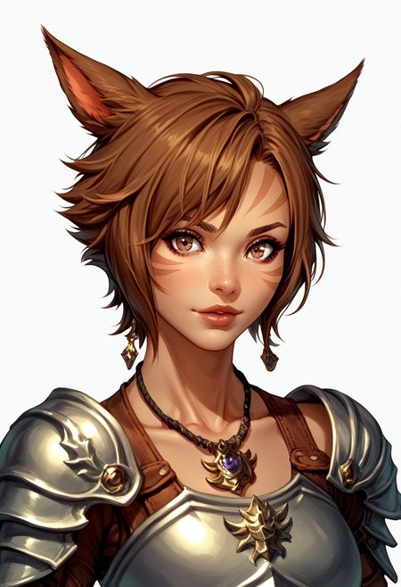 FemmeMiq, 1girl, solo, looking at viewer, short hair, simple background, brown hair, white background, animal ears, brown eyes, jewelry, upper body, cat ears, necklace, armor, lips, facial mark, miqo'te, portrait, BREAK ,score_9, score_8_up, score_7_up, score_6_up, score_5_up, score_4_up,