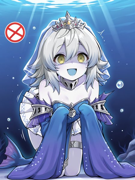 tearlaments merrli,blue dress,silver tiara,blue detached sleeves,mermaid,calf fins,solo,1girl,open mouth,all fours,smile,empty eyes,tears,sleeves past fingers,white skin,:d,crying with eyes open,blue bridal veil,gradient,prohibited symbol,underwater,motion lines,shaded face,
masterpiece,best quality,amazing quality,very aesthetic,absurdres,newest,<lora:Tearlaments Merrli illuXL v1:0.75>,