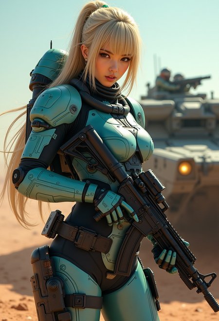 great lighting, intricate detail, beautiful, stunning Japanese space marine, long blonde hair with colored streaks, bangs, skin-tight teal body armor with dark blue accents, holding assault rifle, aiming at viewer, standing next to armored vehicle on a rocky, dusty planet surface,  High Detail, Perfect Composition, movie scenes, highly detailed. Photorealistic rendering, dramatic lighting, sharp contrast