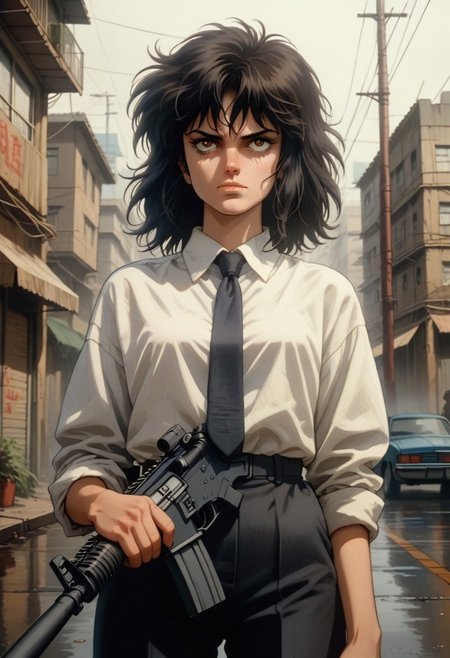 score_9, score_8_up, score_7_up, source_anime, 
1girl, solo, 
medium hair, black hair, messy hair, 
expressionless, (empty eyes:0.7), (smirk:0.7), (smug:0.80), 
business suit, necktie, white shirt, 
outdoors, streets, 
cowboy shot, dutch angle, untucked shirt,
retro, ghostintheshellstyle,
ho1ding-weap0n, holding rifle