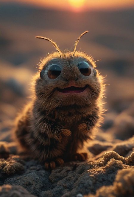 Blade Runner Style, a photo of a heartwarming description for this adorable photo: Picture a small, simple, cuddly haory Brown Caterpillar from above. The scene is so sweet that it melts even the toughest hearts. Describe the loving atmosphere created by the combination of hairy, smiles, and hearts.