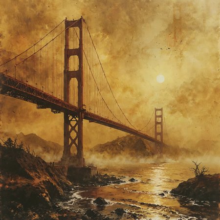 The Golden Gate Bridge.

airbrush painting.

Atmospheric, beautiful, restful, warm hues, warm tones, rustic.

<lora:RMSDXL_Enhance:0.4>
<lora:add-detail-xl:0.4>
<lora:The_Dark_Side_of_the_Earth:0.2>

<lora:dvr-cpwr:0.2> copper wire 
<lora:Desolation:0.6>
