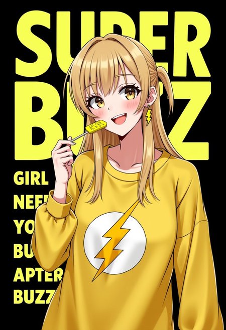 aidmatextimprover, 1girl, 18 years old, beautiful girl, light brown eyes, yellow lightning earrings, golden hair, yellow lightning label on all clothes, yellow lightning lollipop
girl smiling, dark background, yellow lightning label on background,
 text: "SUPER BUZZ GIRL NEED YOU BUZZ!", large letters, black outline