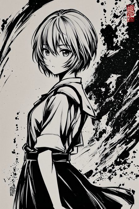 1girl,ayanami rei,solo,short hair,school uniform,tokyo-3 middle school uniform,signature,short sleeves,hair between eyes,suspender skirt,bangs,shirt,cowboy shot,looking to the side,skirt,white shirt,looking at viewer,parted lips,suspenders,monochrome,artist logo,greyscale,
<lora:okazu_XL:0.9>,