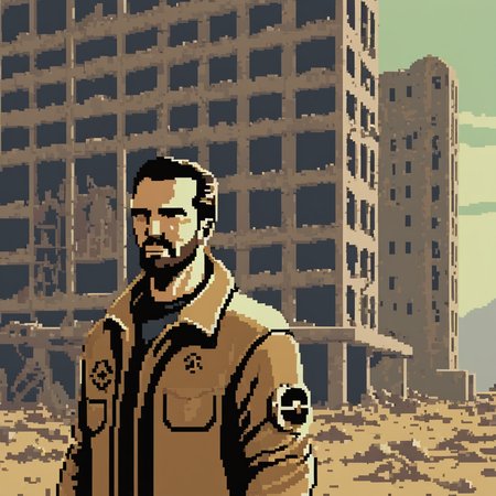 pixel-art pixelartlora, portrait . low-res, blocky, pixel art style, 8-bit graphics, pixelartlora, portrait,Fallout, Post-apocalyptic, desolate landscapes, retro-futuristic, ruined buildings, radiation, 1950s style, vaults, survival, intricate details, muted colors