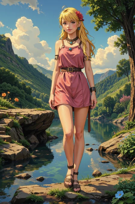 mohawk yellow hair young woman, druid, anime, illustration, extremely detailed, portrait, standing, happy smile, flower in hair, glossy lipstick, celtic necklace, front-back earrings, loincloth, sandals,  Millennial Pink druid short dress, legs, sharp focus, fantasy, celtic landscape, small rock, moss, ripples, reflections, celtic  castle, small river pond, druid forest, druid village, stunning nature environment, enchanted land, clovers, Bright Carolina Blue flowers, best quality, colorful, wet floor, bright sunny sky, sunset, raytracing, hdr, high contrast, ethereal natural lights, backlight, lens flare, shadows, vibrant colors, colorful, pretty, beautiful, happy, smiling, feminine, sexy, lovely, in love, adorable, fashion,  <lora:Hand v2:1> <lora:Anti-Blur:1><lora:Insane Detail Slider:0.5>  <lora:flux.1_lora_flyway_Epic-detail_v2:0.3><lora:fluxenhancer:0.5> <lora:RetroAnimeFluxV1:0.4> <lora:Luminous_Shadowscape:0.4> <lora:SujatmikoArafuru_Flux:0.2> Suzume style