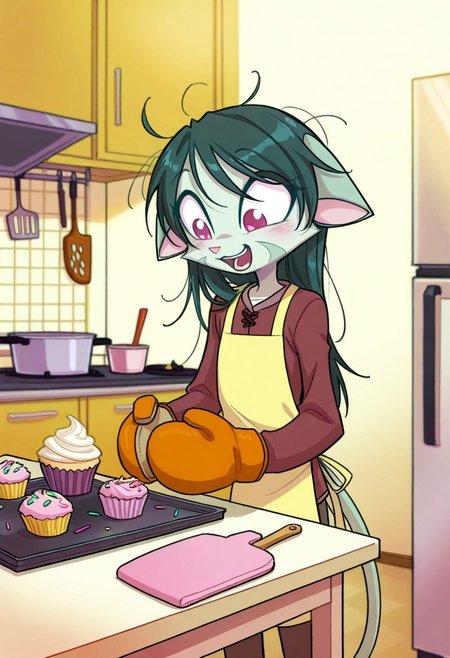 score_9, score_8_up, score_7_up,lilith_calah,
1girl,solo,furry,tail,dark green hair, source_furry,
 ,<lora:lilith_calah_illustrious:0.8>,
child, kid,
cupcake, apron, baking, oven_mitt, flour, messy_hair, giggling, kitchen, warm_light, sprinkles