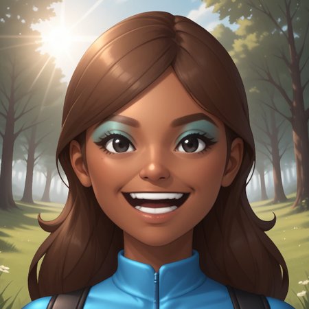 score_9, score_8, BREAK, solo, wii, mii, wii sports, 1girl, female mii, black eyes, brown hair, brown eyebrows,  blue eyeshadow, dark skin, open mouth, cyan clothing, white pants, sneakers, nintendo mii, modern_mii, classic_mii, breasts, haruka_(wii_sports), cute, sexy pose, smile, outdoors, sunlight, shadows, evening lighting, natural lighting, forest, trees, grass, orange sky, sunset