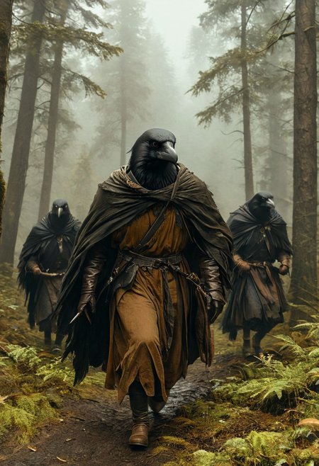 (masterpiece,best quality,ultra_detailed,highres,absurdres:1.2), DnD_Grainyboyz, 
BREAK
highly detailed photo of black corvidfolk running through forest, wearing brown robe, moody forest,
<lora:neg4all_bdsqlsz_xl_V9:2><lora:dynposes3870:0.8>