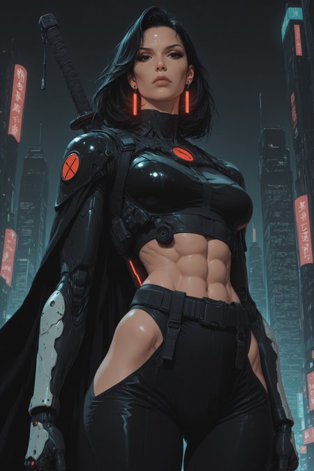 techwear fashion masterpiece, best quality, detailed eyes, detailed, detailed face, solo, subject focus,
cowboy shot, looking at viewer, dynamic angle, dynamic pose,
(1girl, mature female), muscular, abs, 
black hair, medium hair, black eyes,
closed mouth, midriff,
sword behind back, holding sword on shoulder,
jewelry, earrings, glowing earrings,
gloves, black gloves, belt, black pants, cape, hip vent,
city skylines, mecha, cyberpunk
egirlpfp,
namech,
 . futuristic, cyberpunk, urban, tactical, sleek, dark, highly detailed