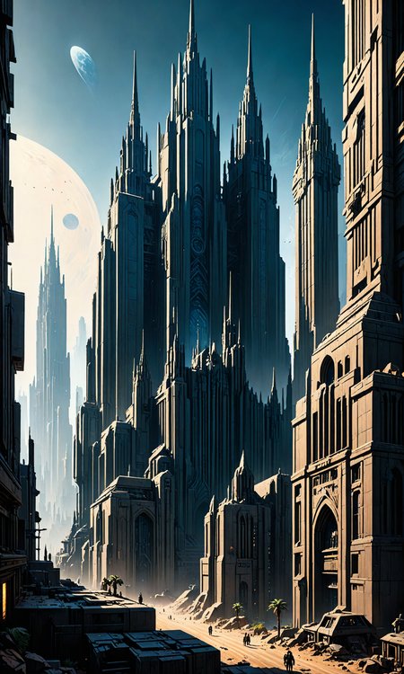 The most amazing dream you ever had about an alien world. The cityscape is a large brutalist building with high windows and buildings, it has many tall spires made of metal-plated stone towers over a vast desert landscape by Noah Bradley in the style of Frank Frazetta. Cinematic, volumetric lighting, 8k, photorealism, extremely beautiful, <hypernet:BadHands:1> <lora:Fast:0.69>