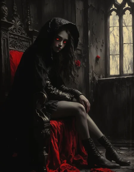 masterpiece, high quality, Oil Painting, Hyper-realistic, close up portrait, an Oil Painting of a shadowy young teen vampire with striking alabaster skin, seated on an ornate throne of blackened iron adorned with intricate bat motifs and thorny roses. The setting is a grand, decaying gothic cathedral, its towering stained glass windows, allowing faint moonlight to illuminate the vampire's face. Long, flowing black hair cascades down her shoulders, blending into the tattered crimson velvet of their cloak. Eyes glow faintly with an eerie crimson hue, and delicate fangs are revealed in a sinister yet elegant smirk. Her body is skinny and petite. She has vampire teeth. The atmosphere is heavy with mist, enhancing the sense of dread and mystery, and macabre scene.
brush strokes, warm light, magic, extremely coherent, cute, beautiful, cinematic, stunning, creative, positive, cheerful, unique, cool, inspiring, pure, rational, very inspirational, friendly, thought, glowing, magical, perfect, intricate, wonderful, lovely, novuschroma, del1cate_balance style, in the style of Rembrandt. FS, vantablack <lora:style_of_Rembrandt_FLUX_135:.8> <lora:- Flux1 - vanta_black_V2.0:.8> <lora:Delicate_Balance:.3> <lora:neeeg_f1:-1> <lora:113_novuschromaFLX_1:.2> <lora:FluxF4ngs:1>