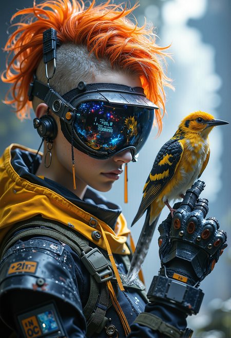 A futuristic human with an asymmetrical haircut dyed in vibrant colors, wearing sleek goggles with data streams reflected in the lenses, and holding a small bird perched on their gloved hand <lora:Elden_Ring_-_Yoshitaka_Amano.safetensors:1.0>,  <lora:black_fantasy.safetensors:0.5>,