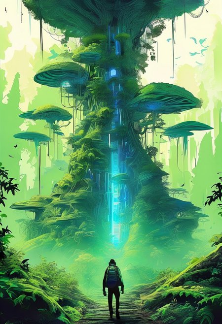 1 man, A lone traveler, walking through a dense, mystical forest , magical forest, ancient forest, big plants, fern, Podophyllum, Colocasia, big leaf, rocks, wildflower, mushroom,  plane crash covered with plants, with towering ancient trees, creepers, glowing plants, blue glowing lights, neon, neon light, and a distant light guiding the way, scary, horror, cinematic, epic, poster, digital painting, colorful, green, blue, dark colors, intricate details, adventure, science fiction, Asaf hanuka, uplight, 35mm