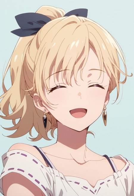 score_9, score_8_up, score_7_up, source_anime,ayase saki, blonde hair, purple eyes, 1girl, solo, closed eyes, jewelry, earrings, smile, ponytail, open mouth, collarbone, hair ribbon, ribbon