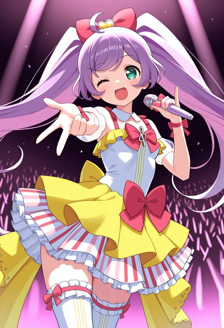 best quality, masterpiece, absurdres, manaka laala, holding microphone,  one eye closed,  idol dress,  thighhighs, heart   <lora:manaka_laala:1>