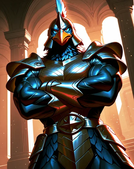 <lora:Fokka_(Zelda_2)_(Illustrious)_(AD):1> Fokka, birdmen, armor, 
dutch angle, dynamic action, cowboy shot, 
male focus, intense shadows, dynamic shadows and lighting, intricate details, attention to details, gradient coloring, interior, palace, beak, helmet, villain, arms crossed, smug expression, hyper muscular, 
EZRealPONYXL, zPDXL, Smooth Quality, lazynsfw,