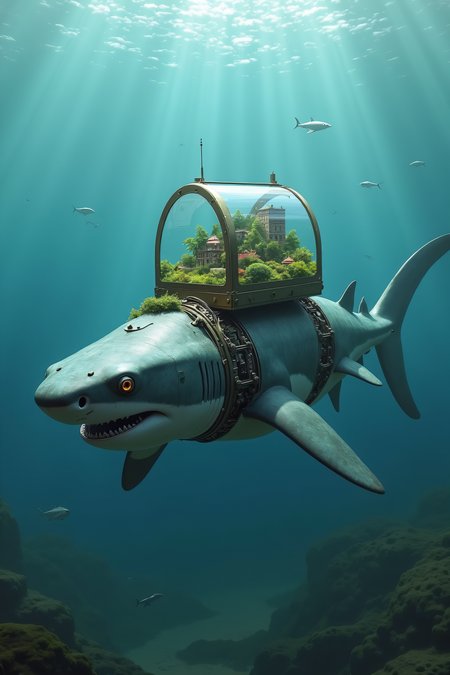 national geographic photography of a shark that is swimming in the dark ocean, he transport a glass terrarium with a miniture city in his head, realistic, mechanical vegetal cyborg, futuristic robot organisms, steampunk robot shark, steampunk animal
