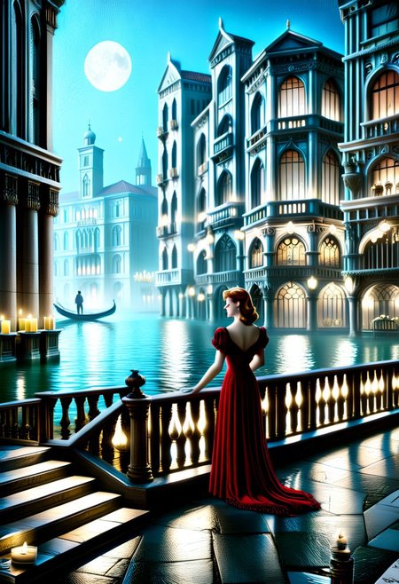beautiful realistic. Palace level design sense and delight the eye. The design color is blue, yellow, green, grey, black, pink, red and white.
perfection style, vivid colors, colorful, vivid background, midjourneyv6.1, river, streets of venice, fantasy art deco, Landscape, night, moon, fairy lights, candles, Venice Building, noir, 1940s, woman, red dress, long hair, back visible