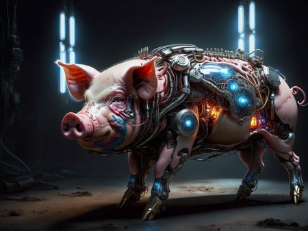 <lora:TechPunkAIv2Pruned:.9> BioPunkAI  cyborg pig (Highly detailed, amazing fantasy setting), (Shiny Impressive lighting), (Colorful, Ultra Realistic, High quality, Highly detailed, Sharp focus, 8K UHD, Art photography), (trending on artstation)