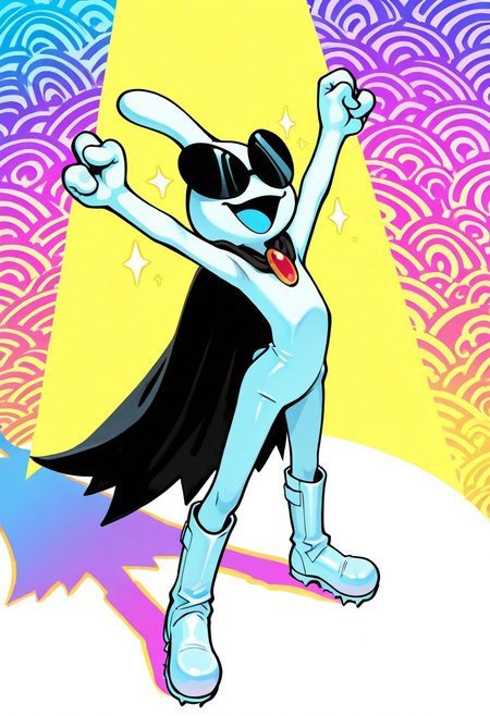 masterpiece, ultra detailed, amazing quality, absurdres, very aesthetic, solo, male focus, 1boy, 
orbulon_WW, white skin, alien, 3 fingers, fewer digits, sunglasses, covered eyes, knee boots, white footwear, spiked footwear, standing, brooch, cape, torn cape, :D, smile, open mouth, blue tongue, sparkle, arms up, outstretched arms, head back, kneeling, cowboy shot, slim, small butt, wind, fluttering cape, full body, clenched hands, arched back, 
BREAK 
detailed shading, shadow, spotlight, psychedelic background, multi-colored, WaiIL25PosC, g0th1c, glowing, from above