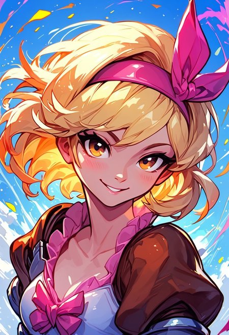 score_9, score_8_up, score_8, medium breasts, (curvy), cute, eyelashes,       BREAK, ,  
djeetadef, pink hairband, dress, puffy sleeves, gauntlets, brown thighhighs, thigh boots,
,,,
solo, looking at viewer, upper body, aura, blue sky,  ,
BREAK,  
smile, looking at viewer, cowboy shot,  
zPDXL, Expressiveh,