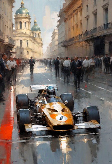 (masterpiece, best quality), ultradetailed, F1 race on the streets of St. Petersburg, digital art by jeremy mann, henry asencio mclaren