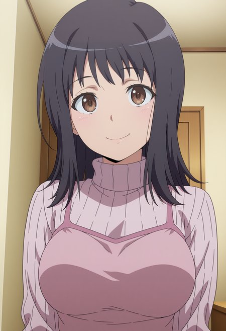 1girl,solo,mm,mature female,medium hair,brown eyes,black hair,anime coloring,
sweater,turtleneck,pink camisole,upper body, looking at viewer, smile,indoors
,masterpiece,best quality,amazing quality,<lora:Itsuwa-Toaru_Majutsu_no_Index:0.8>