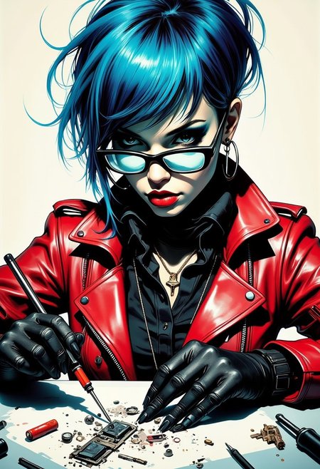 Silhouette Art, magnificent. female cyberpunk woman, messy short bob of electric blue hair, blue-tinted glasses, dark eyeshadow, red lips, red leather jacket, sitting at a desk repairing a cybernetic implant with a screwdriver