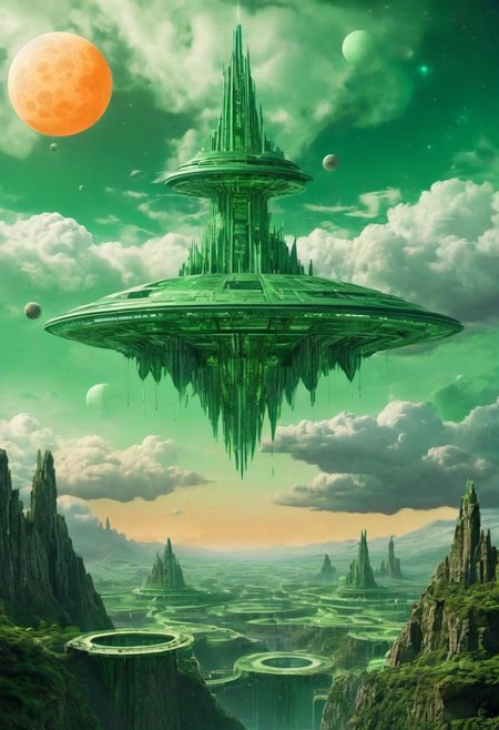 surreal scene, futuristic spacecraft, organic design, metallic texture, glowing thrusters, labyrinth-like structure, infinite depth, vibrant green sky, celestial moon, swirling clouds, ancient civilization, dreamlike composition, sci-fi elements, sharp contrasts, bold color palette, intricate textures, surrealism, otherworldly atmosphere, geometric patterns, fantastical world.