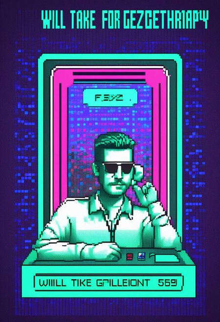 p1x3lt3xt,  (poker card box:1.3), (pixelized people:1.4), (text: "Will take buzz for generation therapy":1.5), (fake phone number: "555-0123":1.2), (pixelated teletext style:1.4), (retro 1980s theme:1.2), (vaporwave colors:1.3), (purples, teal, and blue:1.2), (nostalgic atmosphere:1.1), (glitch effects:1.2), (digital art:1.2), vibrant and surrealistic