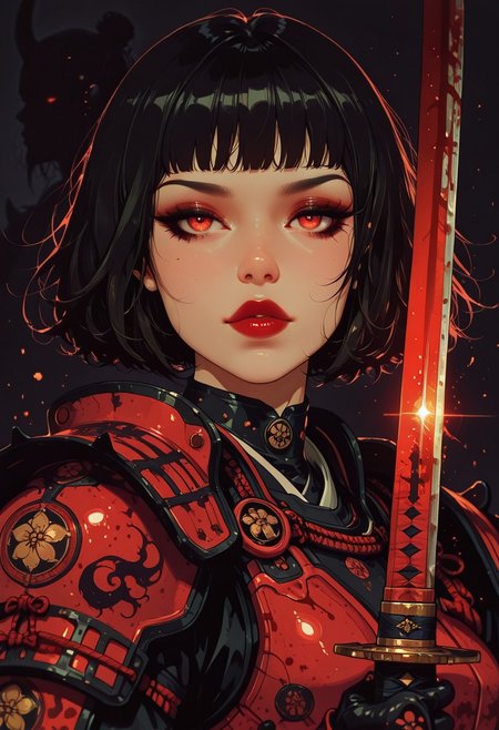 artist:moriimee, in the style of cksc, in the style of cknc, masterpiece, best quality, good quality, very aesthetic, absurdres, newest, 8K, depth of field, focused subject, Silhouette Art, magnificent, dark background, portrait of stunning asian warrior woman, dark eyeshadow, red lips, wearing crimson samurai armor, dark eyeshadow, red lips, wielding a glowing katana, blood splatter, direct gaze