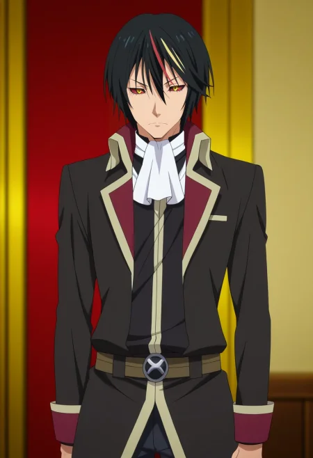 masterpiece, best quality, anime screencap, official style, anime coloring, cowboy shot, 1boy, solo, male focus, <lora:diablo_tensura_ilxl:0.98>, diablo_tensura, black hair, yellow eyes, multicolored hair, streaked hair, red hair, hair between eyes, colored sclera, , ,