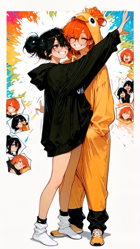 masterpiece, newest,absurdres,incrediblvy absurdres, best quality, amazing quality, very aesthetic, 
2girls, one with short orange hair, freckles, big grin, wearing a duck costume hoodie, the other with long black hair in a messy bun, trying to hold back laughter, wearing oversized glasses and cat ear hoodie, flailing arms, silly expressions, mismatched socks, colorful background, carefree and chaotic energy, lighthearted friendship vibe
 <lora:Face_Enhancer_Illustrious:0.4> <lora:Anime_artist_illustrious_r1:0.3> Anime-art, Art8st <lora:ka_marukogedago:1> k4_illu,