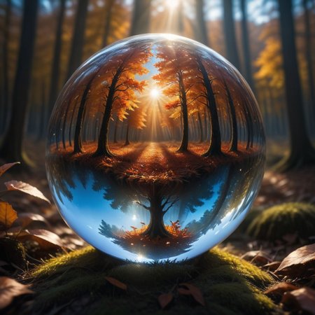 Crystal ball containing a forest ablaze with autumn colors, 
under a pristine blue sky, 
mysterious ambiance, 
capturing the essence of fall, 
sharp reflections, 
perfect clarity, 
dramatic lighting, 
ultra clear., 
Mysterious
