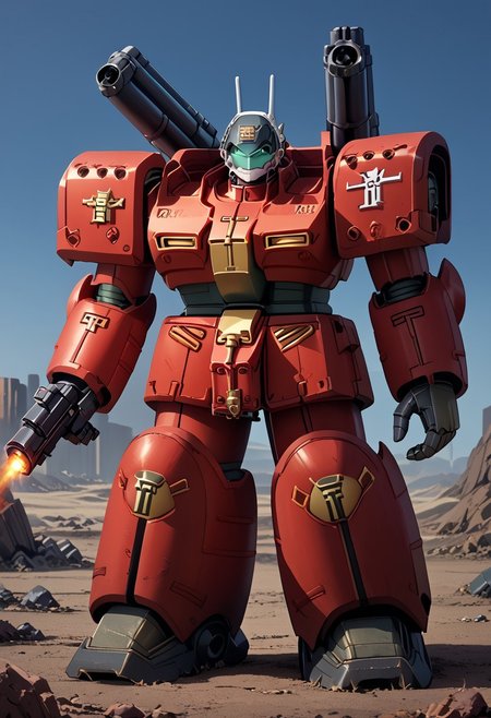 score_9, score_8_up, score_7_up, source_anime, front view, BREAK,  ( guncannon_mass_production_type, riverside, looking at viewer,) 1mech, red mech, red armor, metallic armor, wasteland, haze, shoulder cannons deployed, mech focus, solo, BREAK, two arms, GreyK40k, gold trim, gold decorations on armor,