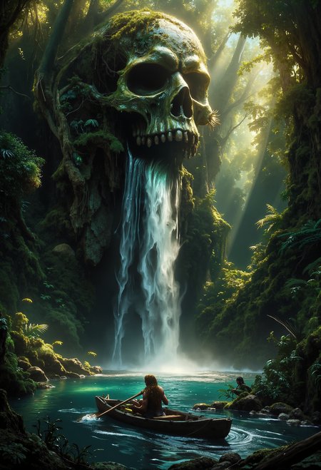 In the heart of a dense jungle, a serene lake lies beneath a cascading waterfall that pours dramatically from the gaping mouth of a colossal, ancient skull embedded in the cliffside. The skull, weathered by time, is overgrown with lush moss, vines, and ferns, blending seamlessly into the surrounding wilderness. Sunlight filters softly through the dense canopy, casting dappled light onto the scene, while the roar of the waterfall fills the humid air. On the lakeâs calm surface, an indigenous figure paddles a small, hand-carved wooden canoe, their presence adding a sense of life and mystery to this forgotten, primordial place. <lora:Dever_Flux_Enhancer.safetensors:0.5>,  <lora:Magic_of_Art_\(FLUX\).safetensors:1.0>,  <lora:aiai-Glimra-Flux-Dev-v2.safetensors:0.7>,  <lora:DarkCore-000003.safetensors:0.5>,