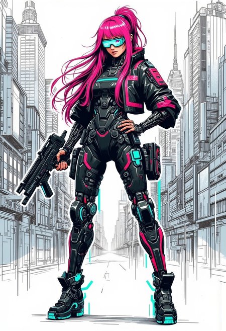mad-cbrpnksplshrt full of details but with faded outlines, neon ultraviolet hair cyborg girl soldier in combat armor with one robotic arm and one robotic leg holding a pulse rifle, and beautiful sketch of new york city behind, best quality, sharp image,