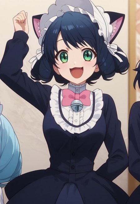 score_9, score_8_up, score_7_up, professional anime,1girl,solo,(Cyan from Show by rock!),perfect body,short girl,petite,<lora:show_by_rock_cyan:1>,1girl, short hair, black hair, green eyes, cat ears, cat tail, short dress, pink bowtie, long sleeves, bonnet, curly hair,medium breasts,happy,jumping
