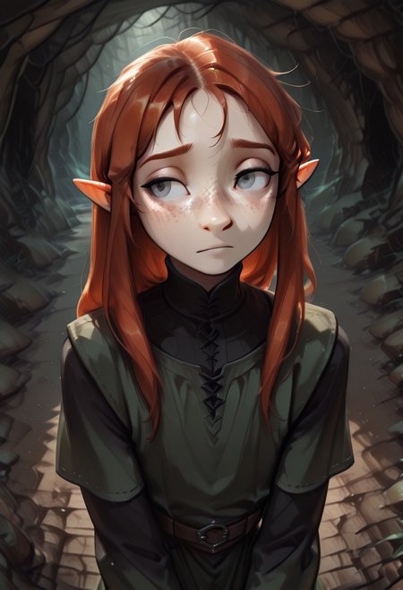 1person, solo, Lapanya, Malgha, freckles, pointy ears, Long-sleeve black shirt, green tunic,
looking to the side, looking away from viewer, high angle, shy expression,
Underground, organic cavern,
Masterpiece, high quality, highly detailed, perfect eyes, detailed freckles,