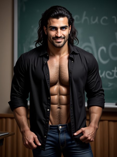 Orhun has blue eyes. He has long black hair, He is an attractive man and is muscular.standing in a class room. he is a teacher. his shirt is tight and shows the shape of his muscles. some buttons open, jeans,  he is very seductive and attractive. he smirking seductive