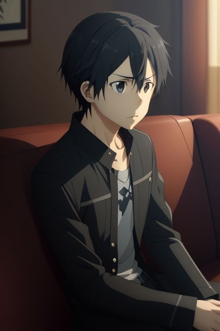 high resolution, solo, best quality, 1Boy, Kazuto Kirigaya, portraits, Black Hair, Black Eyes, deep talk, depression, sit, couch, OverallDetail