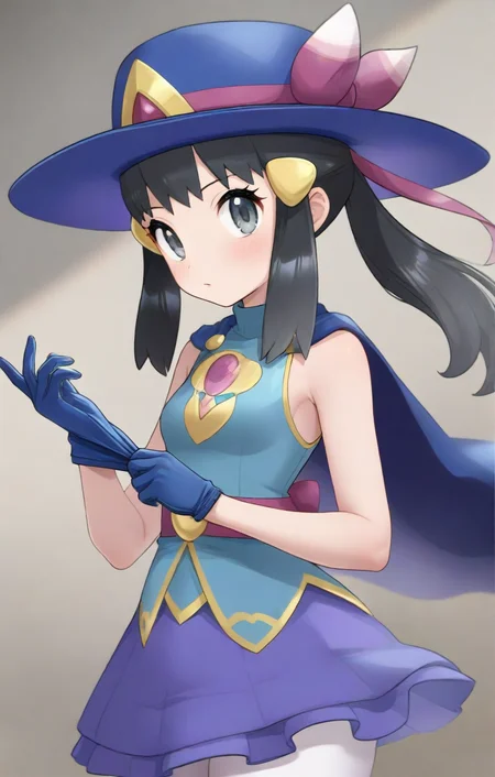 [[[hinosaki]]], 1girl, solo, cowboy shot, upper body, masterpiece, best quality, amazing quality, very aesthetic, high resolution, ultra-detailed, absurdres, newest,remglove, removing glove,sygdawn, def colors, [[dawn \(pokemon\)]], grey eyes, eyelashes, black hair, sidelocks, hairclip, hat, blue headwear, [[purple ribbon]], (big_hat_ribbon), blue dress, short dress, sleeveless, blue gloves, blue cape, pink belt, blue skirt, white pantyhose