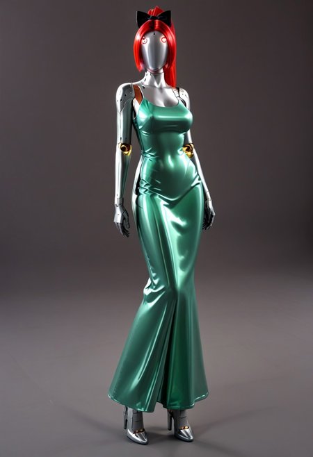 A full length 35mm photo of a beautiful 30-year-old woman, robotic, smooth metal skin, she is made of smooth matte silver metal, standing in a Scandinavian house, her torso has a serial number on it, metallic red hair in a ponytail, black bow in her hair, electronic green eyes with mechanical iris, her feet are made to look like silver metal high heel shoes, she is standing still, she is wearing a vibrant green evening gown, she is holding a green satin clutch, standing in a minimalist Scandinavian house
Robot girl, Android, mechanical limbs, robot joints, metal skin,  no mouth, armor, no face, faceless, egghead