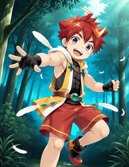 masterpiece,best quality,amazing quality
BREAK
izumi,solo,1boy,  smile, open mouth, gloves,blue purple eyes, ahoge, male focus, multicolored hair, red hair,  shorts, shoes, sleeveless, black gloves, hood, fingerless gloves,, feathers,  red shorts,forest
BREAK
<lora:izumi_ill_hassaku_896_1152_v1:1>