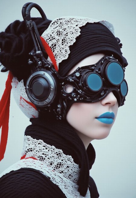 cpstyle,. The image is a high-resolution digital artwork featuring a futuristic, stylized portrait of a scandinavian blonde woman with a striking, otherworldly appearance. She has a pale, porcelain-like skin and is wearing a futuristic helmet that covers her face. The helmet is predominantly black with translucent accents, and it has a sleek, metallic texture. It features intricate, mechanical details and a large, circular visor that obscures her eyes, giving her an android-like appearance.
Her head is adorned with a large, intricate headdress made of white, black, and red fabric with intricate lace patterns, reminiscent of traditional russian embroidery. The headdress is tied with a long red ribbon that trails down her back. She has a high, elaborate collar around her neck, also featuring the same intricate lace patterns in white and black.
Her lips are painted a bold blue/grey, contrasting with her pale skin. The background is a muted, gradient turquoise, which helps emphasize the subject. The overall aesthetic is a blend of high-tech and traditional elements, with a strong emphasis on intricate, detailed textures and patterns. The artwork has a very high level of detail and polish, typical of modern, conceptual digital art.